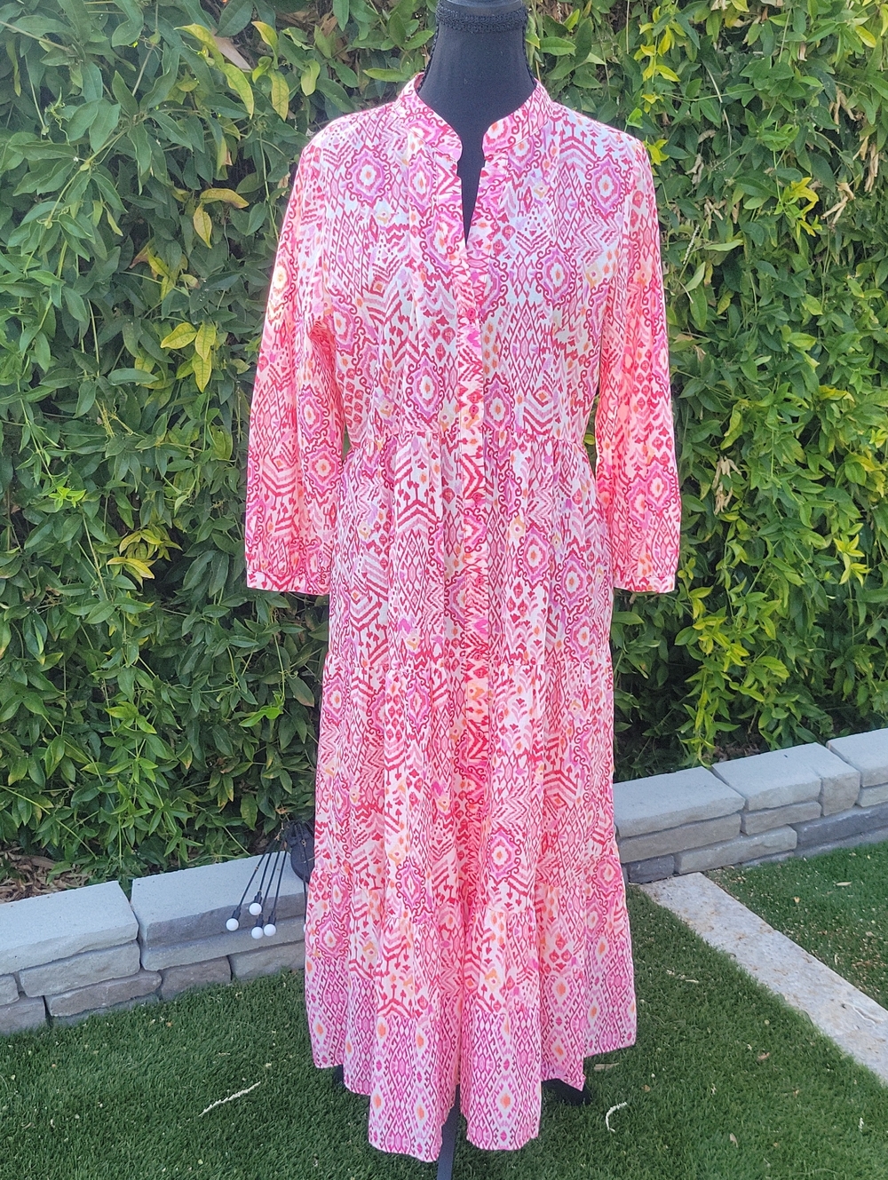Zara 100% Cotton Pink and White Printed Western Coastal Cowgirl Maxi Dress M